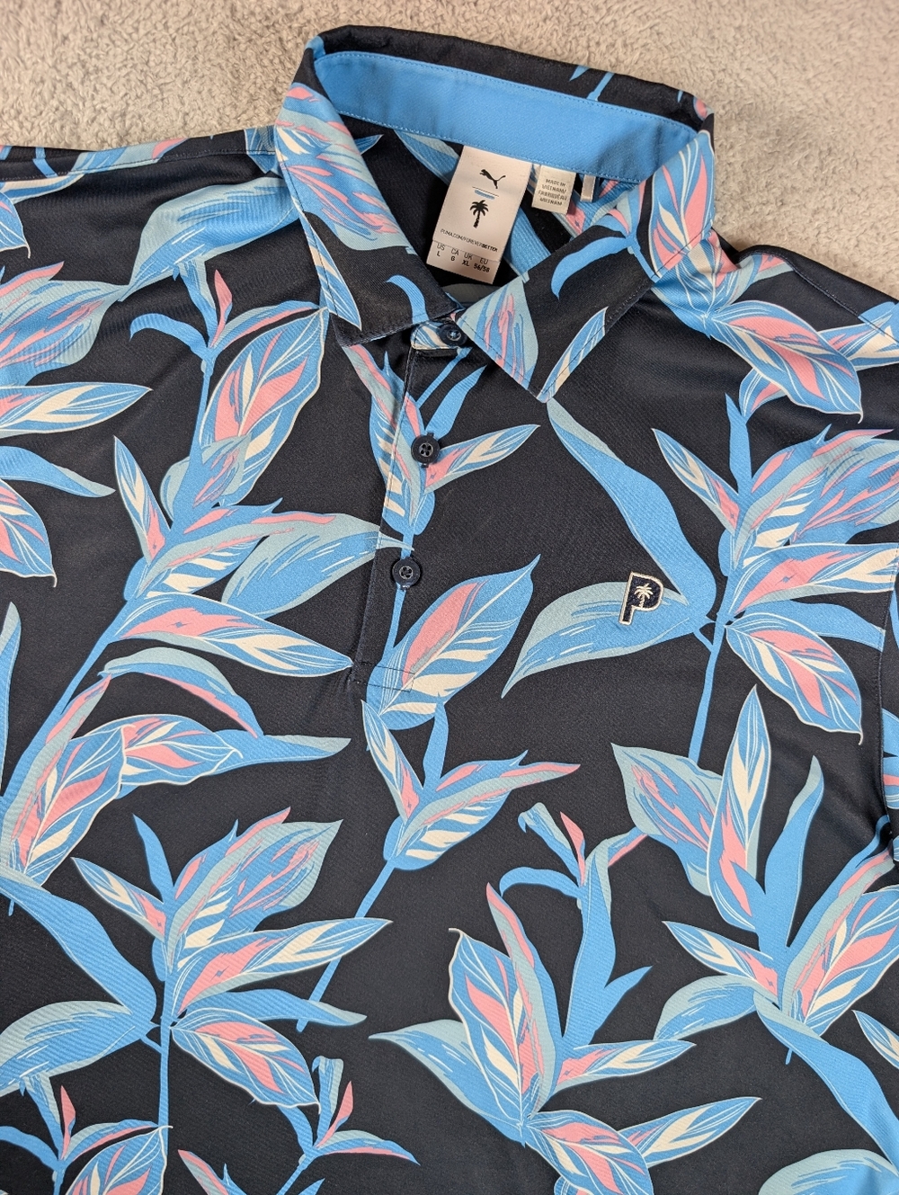 Puma PTC Palm Tree Crew Polo Mens L Black Floral Golf Rickie Fowler